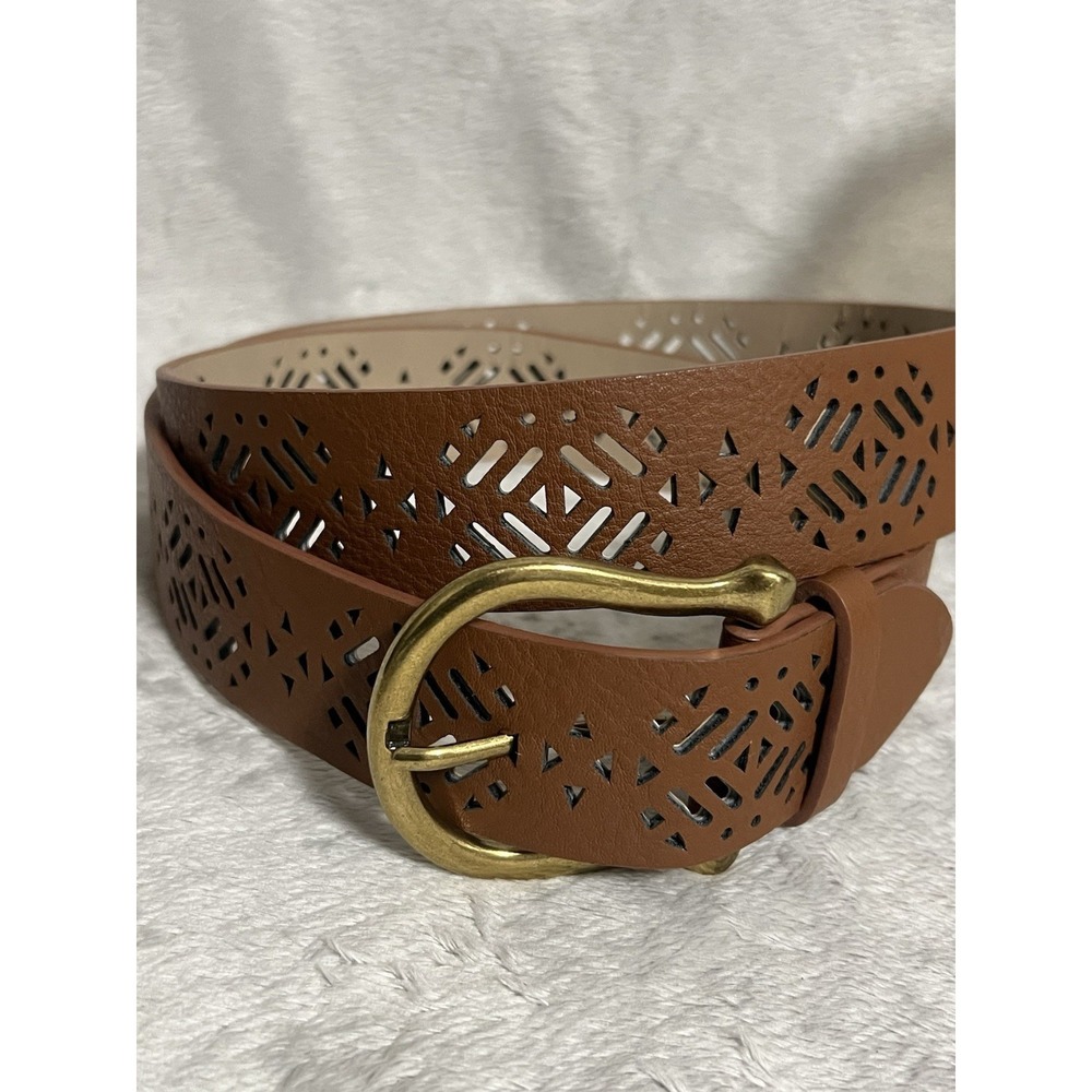 Vince Camuto Lasercut Cognac Brown Belt XL Up To 44" Gold Tone Buckle 1.5" Wide